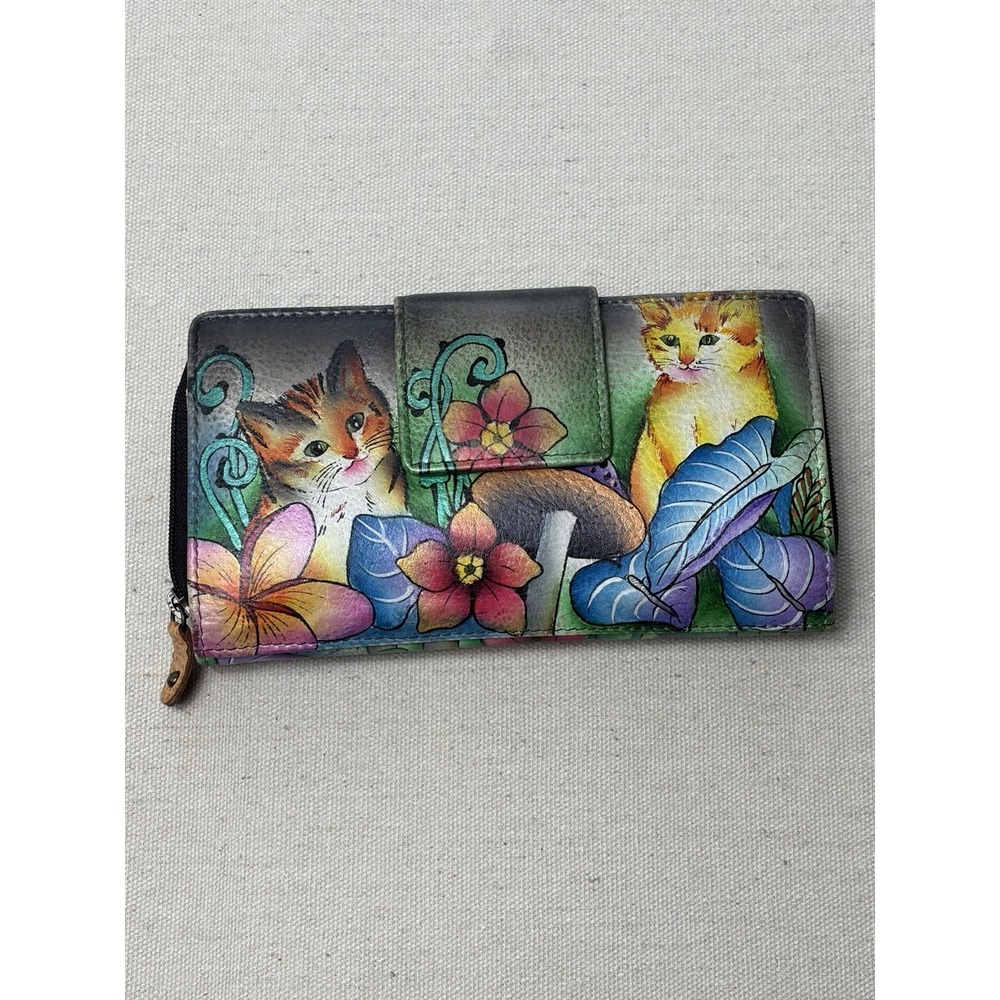 Anuschka Hand Painted Leather Wallet Nature Cat Snap Closure EUC (C5)
